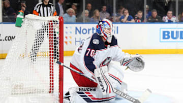 NEW YORK, NY - DECEMBER 27: Joonas Korpisalo #70 of the Columbus Blue Jackets tends the net against the New York Rangers at Madison Square Garden on December 27, 2018 in New York City. The Columbus Blue Jackets won 4-3 in overtime. (Photo by Jared Silber/NHLI via Getty Images)