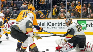 NASHVILLE, TN - FEBRUARY 1: Marc-Andre Fleury #29 of the Vegas Golden Knights makes the save against Craig Smith #15 of the Nashville Predators at Bridgestone Arena on February 1, 2020 in Nashville, Tennessee. (Photo by John Russell/NHLI via Getty Images)