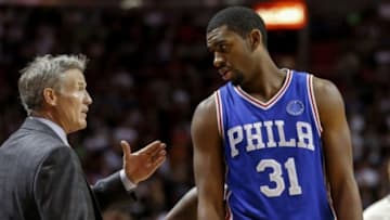 Nov 21, 2015; Miami, FL, USA; Philadelphia 76ers head coach Brett Brown (left) talks with guard Hollis Thompson (right) during the second half against the Miami Heat at American Airlines Arena. Mandatory Credit: Steve Mitchell-USA TODAY Sports