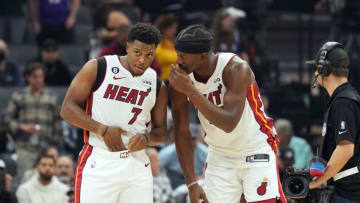 Miami Heat guard Kyle Lowry (7) and forward Jimmy Butler (22) talk before the game against the Sacramento Kings(Darren Yamashita-USA TODAY Sports)