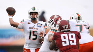 Dec 26, 2015; El Paso, TX, USA; Miami Hurricanes quarterback Brad Kaaya (15) throws a pass against the Washington State Cougars during the first half at Sun Bowl Stadium. Mandatory Credit: Joe Camporeale-USA TODAY Sports