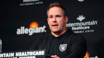 Jul 28, 2022; Las Vegas, Nevada, US; Las Vegas Raiders head coach Josh McDaniels answers questions to the media during training camp at Intermountain Healthcare Performance Center. Mandatory Credit: Lucas Peltier-USA TODAY Sports