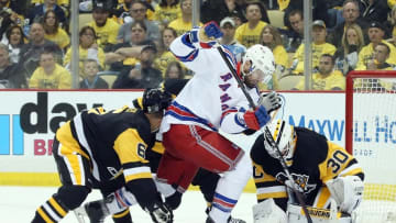 Apr 23, 2016; Pittsburgh, PA, USA; Pittsburgh Penguins goalie Matt Murray (30) makes a save against New York Rangers left wing Rick Nash (61) as Pens defenseman Trevor Daley (6) defends during the second period in game five of the first round of the 2016 Stanley Cup Playoffs at the CONSOL Energy Center. Mandatory Credit: Charles LeClaire-USA TODAY Sports