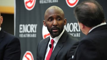 BROOKHAVEN, GA - MAY 14: Lloyd Pierce speaks to the media after being hired as Head Coach of the Atlanta Hawks on May 14, 2018 at the Emory Sports Medicine Complex in Brookhaven, Georgia. NOTE TO USER: User expressly acknowledges and agrees that, by downloading and/or using this photograph, user is consenting to the terms and conditions of the Getty Images License Agreement. Mandatory Copyright Notice: Copyright 2018 NBAE (Photo by Scott Cunningham/NBAE via Getty Images)