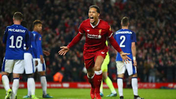LIVERPOOL, ENGLAND - JANUARY 05: Virgil van Dijk of Liverpool celebrates as he scores their second goal during the Emirates FA Cup Third Round match between Liverpool and Everton at Anfield on January 5, 2018 in Liverpool, England. (Photo by Clive Brunskill/Getty Images)