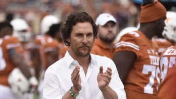 Matthew McConaughey visits with the Texas Longhorns prior to kickoff against the Texas Christian Horned Frogs at Darrell K Royal-Texas Memorial Stadium. Mandatory Credit: Brendan Maloney-USA TODAY Sports