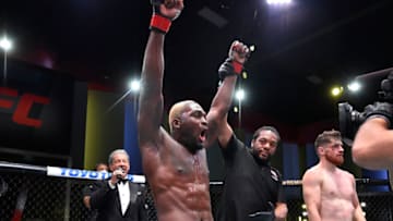LAS VEGAS, NEVADA - AUGUST 01: In this handout image provided by UFC, Derek Brunson celebrates after his TKO victory over Edmen Shahbazyan in their middleweight fight during the UFC Fight Night event at UFC APEX on August 01, 2020 in Las Vegas, Nevada. (Photo by Chris Unger/Zuffa LLC via Getty Images)