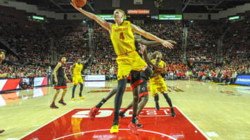 COLLEGE PARK, MD - FEBRUARY 17: Maryland Terrapins guard Kevin Huerter (4) scores in the second half against the Rutgers Scarlet Knights on February 17, 2018, at Xfinity Center in College Park, MD. The Maryland Terrapins defeated the Rutgers Scarlet Knights, 61-51. (Photo by Mark Goldman/Icon Sportswire via Getty Images)