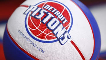 Apr 12, 2015; Auburn Hills, MI, USA; A general shot of a basketball with a Detroit Pistons logo on it during the third quarter against the Charlotte Hornets at The Palace of Auburn Hills. Pistons beat the Hornets 116-77. Mandatory Credit: Raj Mehta-USA TODAY Sports