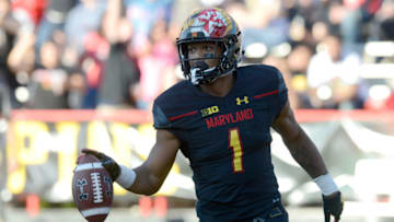 COLLEGE PARK, MD - OCTOBER 14: D.J. Moore #1 of the Maryland Terrapins celebrates with teammates after scoring against the Northwestern Wildcats on October 14, 2017 in College Park, Maryland. (Photo by G Fiume/Maryland Terrapins/Getty Images)