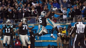 Nov 18, 2013; Charlotte, NC, USA; Carolina Panthers wide receiver Ted Ginn (19) celebrates with fullback Mike Tolbert (35) during the fourth quarter against the New England Patriots at Bank of America Stadium. The Panthers defeated the Patriots 24-20. Mandatory Credit: Jeremy Brevard-USA TODAY Sports