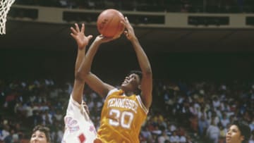 1987: Bridgette Gordon #30 of the Tennessee Lady Vols jumps and throws during a game against the Louisiana Lady Techsters during the Women's National Basketball Championships in 1987. (Photo by Focus on Sport/Getty Images) *** Local Caption *** Bridgette Gordon