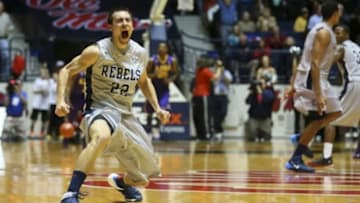 Jan 15, 2014; Oxford, MS, USA; Mississippi Rebels guard Marshall Henderson (22) celebrates during the game against the LSU Tigers at Tad Smith Coliseum. The Rebels won 88-74. Mandatory Credit: Spruce Derden-USA TODAY Sports