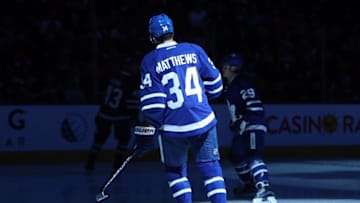 Oct 2, 2016; Toronto, Ontario, CAN; Toronto Maple Leafs center Auston Matthews (34) before the start of their game against the Montreal Canadiens during a preseason hockey game at Air Canada Centre. The Maple Leafs beat the Canadiens 3-2 in overtime. Mandatory Credit: Tom Szczerbowski-USA TODAY Sports