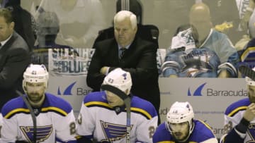 May 19, 2016; San Jose, CA, USA; St. Louis Blues head coach Ken Hitchcock watches during the first period in game three of the Western Conference Final of the 2016 Stanley Cup Playoffs against the San Jose Sharks at SAP Center at San Jose. Mandatory Credit: John Hefti-USA TODAY Sports