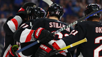 Apr 13, 2023; Buffalo, New York, USA; Buffalo Sabres left wing Victor Olofsson (71) celebrates his goal with teammates during the second period against the Ottawa Senators at KeyBank Center. Mandatory Credit: Timothy T. Ludwig-USA TODAY Sports