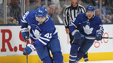 TORONTO, ON - OCTOBER 18: Nazem Kadri #43 of the Toronto Maple Leafs skates with the puck against the Pittsburgh Penguins during an NHL game at Scotiabank Arena on October 18, 2018 in Toronto, Ontario, Canada. The Penguins defeated the Maple Leafs 3-0.(Photo by Claus Andersen/Getty Images)