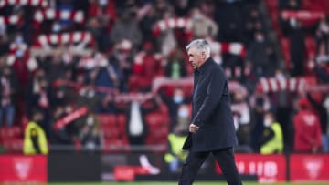BILBAO, SPAIN - FEBRUARY 03: Carlo Ancelotti of Real Madrid leaves the pitch after losing the match against Athletic Club during the Copa del Rey Quarter Final match between Athletic Club and Real Madrid at Estadio de San Mames on February 03, 2022 in Bilbao, Spain. (Photo by Juan Manuel Serrano Arce/Getty Images)