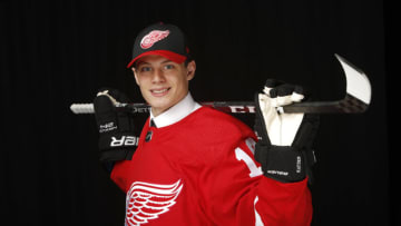 VANCOUVER, BRITISH COLUMBIA - JUNE 22: Robert Mastrosimone poses after being selected 54th overall by the Detroit Red Wings during the 2019 NHL Draft at Rogers Arena on June 22, 2019 in Vancouver, Canada. (Photo by Kevin Light/Getty Images)