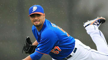 Feb 15, 2013; Port St. Lucie, FL, USA; New York Mets pitcher Johan Santana throws a pitch during spring training at Legends Field. Mandatory Credit: John Munson/THE STAR-LEDGER via USA TODAY Sports