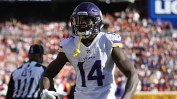 Nov 13, 2016; Landover, MD, USA; Minnesota Vikings wide receiver Stefon Diggs (14) reacts after a catch against the Washington Redskins at FedEx Field. Mandatory Credit: Geoff Burke-USA TODAY Sports