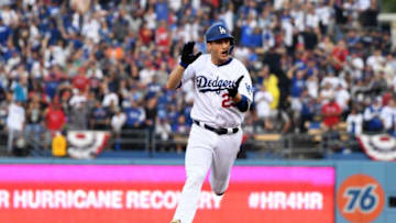 LOS ANGELES, CA - OCTOBER 28: David Freese #25 of the Los Angeles Dodgers celebrates his first inning home run against the Boston Red Sox in Game Five of the 2018 World Series at Dodger Stadium on October 28, 2018 in Los Angeles, California. (Photo by Harry How/Getty Images)