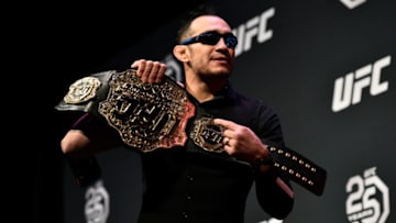 BOSTON, MA - JANUARY 19: Tony Ferguson taunts Khabib Nurmagomedov during the UFC press conference at TD Garden on January 19, 2018 in Boston, Massachusetts. (Photo by Brandon Magnus/Zuffa LLC/Zuffa LLC via Getty Images)