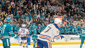 Nov 9, 2023; San Jose, California, USA; San Jose Sharks and their fans celebrate after the win against the Edmonton Oilers at SAP Center at San Jose. Mandatory Credit: Neville E. Guard-USA TODAY Sports