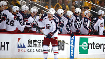 PITTSBURGH, PA - APRIL 20: Boone Jenner #38 of the Columbus Blue Jackets celebrates his second-period goal with teammates while playing the Pittsburgh Penguins in Game Five of the Eastern Conference First Round during the 2017 NHL Stanley Cup Playoffs at PPG Paints Arena on April 20, 2017 in Pittsburgh, Pennsylvania. (Photo by Gregory Shamus/Getty Images)