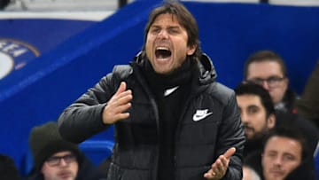 Chelsea's Italian head coach Antonio Conte gestures on the touchline during the English Premier League football match between Chelsea and Brighton and Hove Albion at Stamford Bridge in London on December 26, 2017. / AFP PHOTO / Glyn KIRK / RESTRICTED TO EDITORIAL USE. No use with unauthorized audio, video, data, fixture lists, club/league logos or 'live' services. Online in-match use limited to 75 images, no video emulation. No use in betting, games or single club/league/player publications. / (Photo credit should read GLYN KIRK/AFP via Getty Images)