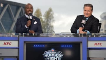Nov 20, 2014; Oakland, CA, USA; NFL Network broadcasters Marshall Faulk (left) and Steve Mariucci before the Thursday Night Football game between the Kansas City Chiefs and the Oakland Raiders at O.co Coliseum. Mandatory Credit: Kirby Lee-USA TODAY Sports