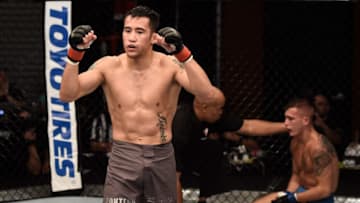 LAS VEGAS, NV - AUGUST 22: Joby Sanchez celebrates after his TKO victory over JP Buys of South Africa in their flyweight bout during Dana White's Tuesday Night Contender Series at the TUF Gym on August 22, 2017 in Las Vegas, Nevada. (Photo by Brandon Magnus/DWTNCS)