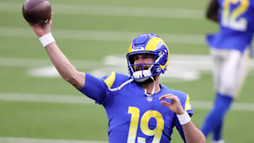 INGLEWOOD, CALIFORNIA - JANUARY 03: Blake Bortles #19 of the Los Angeles Rams warms up before the game against the Arizona Cardinals at SoFi Stadium on January 03, 2021 in Inglewood, California. (Photo by Sean M. Haffey/Getty Images)