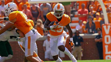 Sep 17, 2016; Knoxville, TN, USA; Tennessee Volunteers defensive back Cameron Sutton (23) returns a kick against the Ohio Bobcats during the first quarter at Neyland Stadium. Mandatory Credit: Randy Sartin-USA TODAY Sports