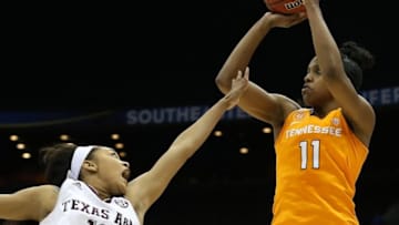 Mar 4, 2016; Jacksonville, FL, USA; Tennessee Lady Volunteers guard Diamond DeShields (11) takes a shot in the second quarter as Texas A&M Aggies guard Curtyce Knox (11) defends during the women