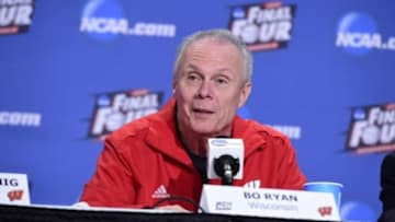 Apr 5, 2015; Indianapolis, IN, USA; Wisconsin Badgers head coach Bo Ryan during the Wisconsin press conference at Lucas Oil Stadium. Mandatory Credit: Bob Donnan-USA TODAY Sports