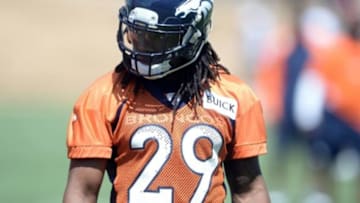Jun 10, 2014; Denver, CO, USA; Denver Broncos cornerback Bradley Roby (29) warms up during mini camp drills at the Broncos practice facility. Mandatory Credit: Ron Chenoy-USA TODAY Sports