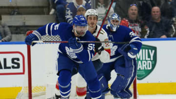 Mar 27, 2022; Toronto, Ontario, CAN; Toronto Maple Leafs defenseman Mark Giordano (55) chases after a loose puck against the Florida Panthers during the first period at Scotiabank Arena. Mandatory Credit: John E. Sokolowski-USA TODAY Sports