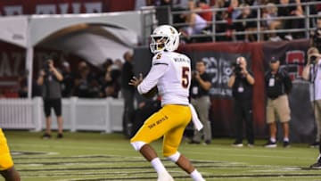 SAN DIEGO, CA - SEPTEMBER 15: Arizona State Sun Devils quarterback Manny Wilkins (5) drops back to pass during a college football game between the Arizona State Sun Devils and the San Diego State Aztecs on September 15, 2018, at SDCCU Stadium in San Diego, CA.(Photo by Justin Fine/Icon Sportswire via Getty Images)
