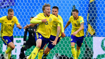 TOPSHOT - Sweden's midfielder Emil Forsberg (2nd L) celebrates scoring during the Russia 2018 World Cup round of 16 football match between Sweden and Switzerland at the Saint Petersburg Stadium in Saint Petersburg on July 3, 2018. (Photo by Giuseppe CACACE / AFP) / RESTRICTED TO EDITORIAL USE - NO MOBILE PUSH ALERTS/DOWNLOADS (Photo credit should read GIUSEPPE CACACE/AFP/Getty Images)
