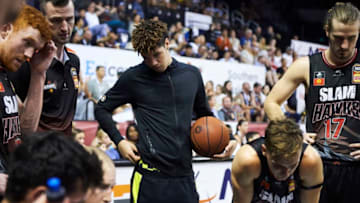 WOLLONGONG, AUSTRALIA - JANUARY 04: LaMelo Ball of Illawarra Hawks who was out for injury during the round 14 NBL match between the Illawarra Hawks and Melbourne United at WIN Entertainment Centre on January 04, 2020 in Wollongong, Australia. (Photo by Jaimi Chisholm/Getty Images)