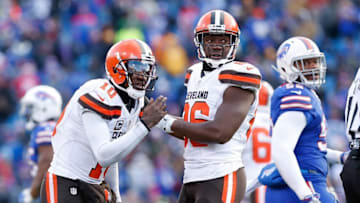 Dec 18, 2016; Orchard Park, NY, USA; Cleveland Browns quarterback Robert Griffin III (10) complains about a late hit by the Buffalo Bills defense as tight end Randall Telfer (86) looks on during the second half at New Era Field. Bills beat the Browns 33-13. Mandatory Credit: Kevin Hoffman-USA TODAY Sports