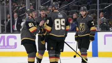 LAS VEGAS, NEVADA - NOVEMBER 13: Vegas Golden Knights players talk during a stoppage in play during the third period against the Chicago Blackhawks at T-Mobile Arena on November 13, 2019 in Las Vegas, Nevada. (Photo by Jeff Bottari/NHLI via Getty Images)
