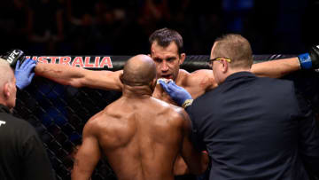 PERTH, AUSTRALIA - FEBRUARY 11: (L-R) Yoel Romero of Cuba checks on Luke Rockhold in their interim middleweight title bout during the UFC 221 event at Perth Arena on February 11, 2018 in Perth, Australia. (Photo by Jeff Bottari/Zuffa LLC/Zuffa LLC via Getty Images)