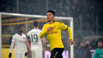 Dortmund's English midfielder Jadon Sancho celebrate scoring during the German first division Bundesliga football match BVB Borussia Dortmund vs Eintracht Frankfurt, in Dortmund, western Germany on February 14, 2020. (Photo by INA FASSBENDER / AFP) / RESTRICTIONS: DFL REGULATIONS PROHIBIT ANY USE OF PHOTOGRAPHS AS IMAGE SEQUENCES AND/OR QUASI-VIDEO (Photo by INA FASSBENDER/AFP via Getty Images)