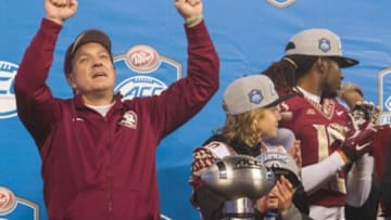 Dec 6, 2014; Charlotte, NC, USA; Florida State Seminoles head coach Jimbo Fisher celebrates after defeating the Georgia Tech Yellow Jackets in the ACC Championship game at Bank of America Stadium. FSU defeated Georgia Tech 37-35. Mandatory Credit: Jeremy Brevard-USA TODAY Sports