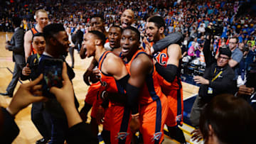 Russell Westbrook of the OKC Thunder celebrates after hitting the game winner vs. Nuggets and breaking Oscar Robertson's triple-double record on April 9, 2017 (Photo by Bart Young/NBAE via Getty Images)