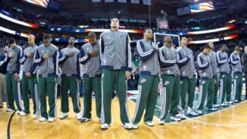 Apr 14, 2014; Salt Lake City, UT, USA; Utah Jazz players during the National Anthem prior to the game against the Los Angeles Lakers at EnergySolutions Arena. The Lakers won 119-104. Mandatory Credit: Russ Isabella-USA TODAY Sports