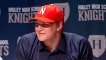 Higley defensive lineman Ty Robinson announces he will be attending University of Nebraska during signing day at Higley High in Gilbert on December 19, 2018. #hsfbTy Robinson