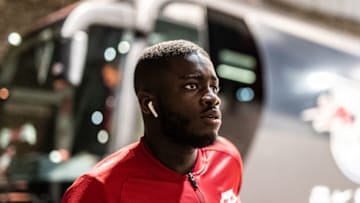 LEIPZIG, GERMANY - SEPTEMBER 02: (EDITORS NOTE: Image has been digitally enhanced.) Dayot Upamecano of RB Leipzig arrives with the bus prior to the Bundesliga match between RB Leipzig and Fortuna Duesseldorf at Red Bull Arena on September 1, 2018 in Leipzig, Germany. (Photo by Boris Streubel/Bundesliga/Bundesliga Collection via Getty Images )